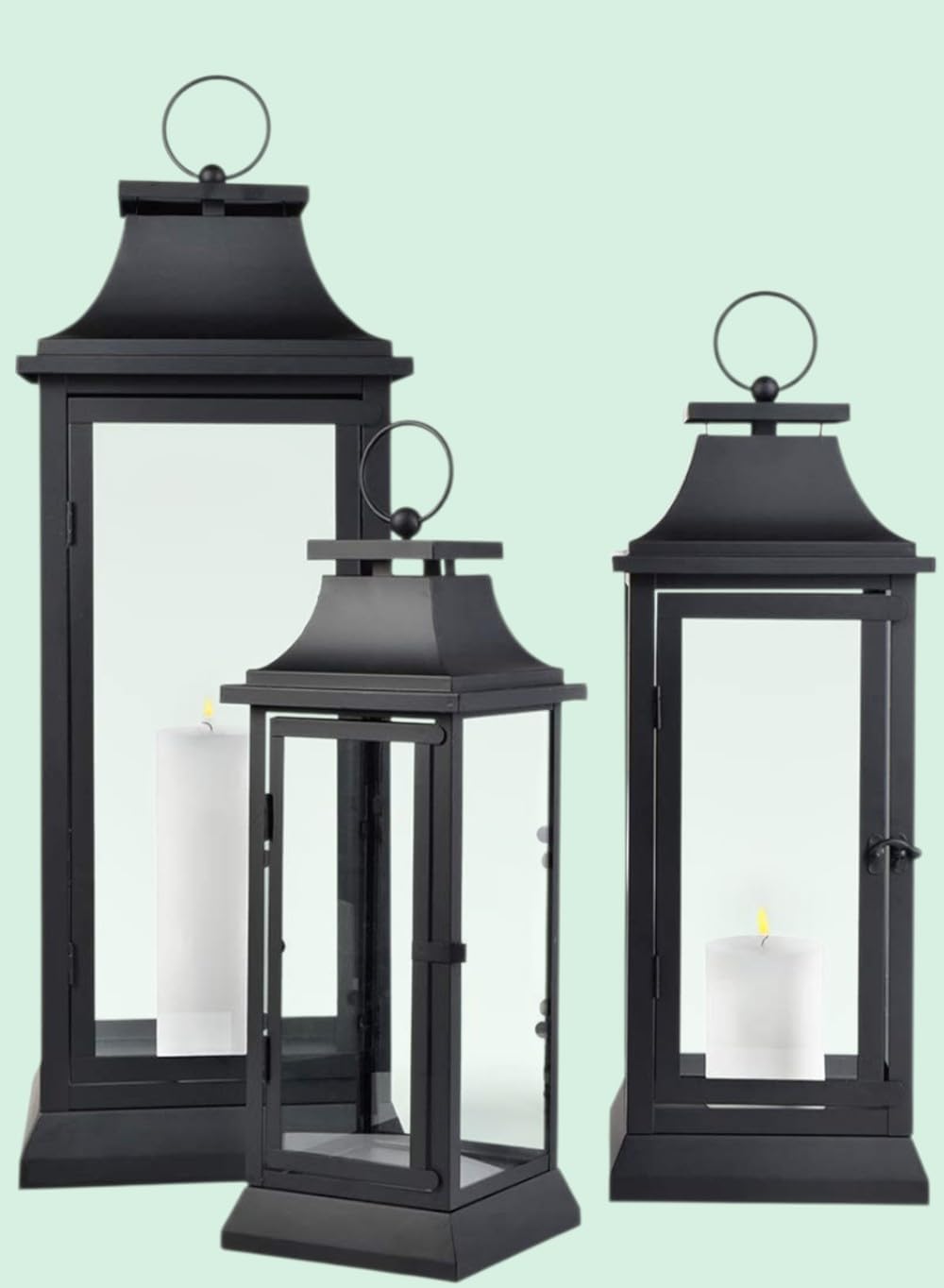 Serene Spaces Living Black Metal Hurricane Lantern with Clear Glass Panels – Hanging or Tabletop Decorative Lantern for