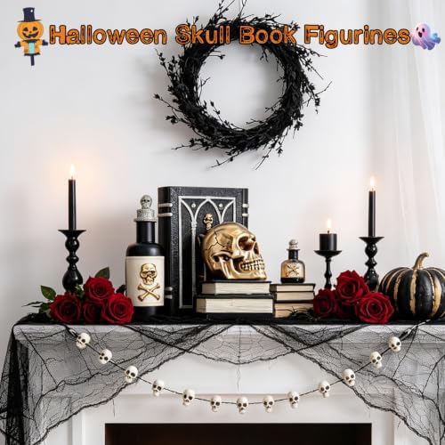 Halloween Resin Skull Heads with Books Black Figurines Indoor Decorations