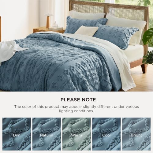 Bedsure Tufted Boho Comforter Set Oversized King - Dusty Blue Boho Bed Set, GentleSoft™ 3 Pieces Farmhouse-Style