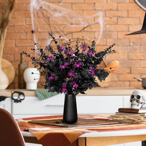 Giegxin 20 Pcs Halloween Floral Picks Halloween Decorations 19.5inch Black Artificial Flowers Branches Eucalyptus Stems Glitter Spiderweb Maple Leaf Stems for Home Indoor Party Vase Arrangement Decor