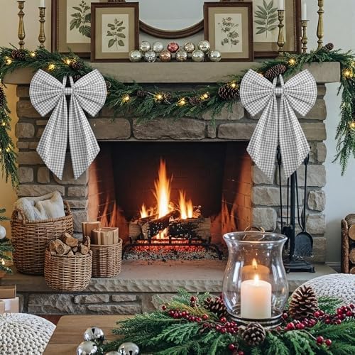 Suncalla 2 Pcs Grey Christmas Gingham Wreath Bows 18'' x 12''