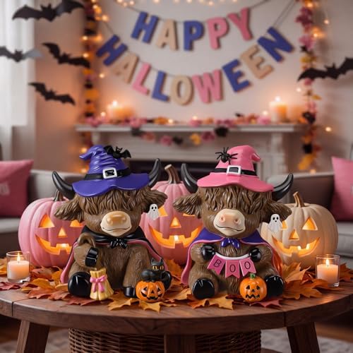 Karenhi 2 Pcs Halloween Highland Cow Figurines, Witch Hat Pumpkin Decor