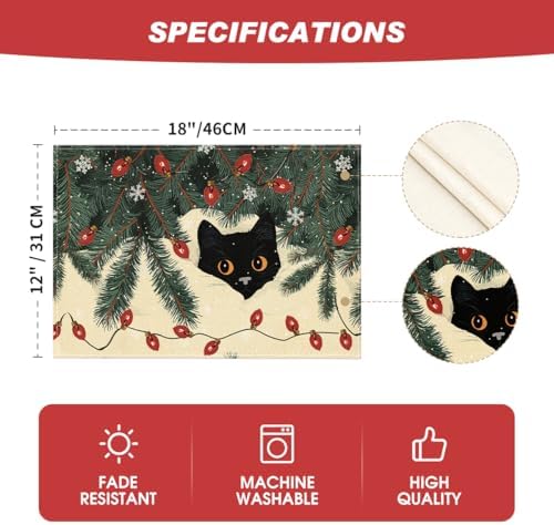 Artoid Mode Christmas Lights Cat Placemats Set of 4, 12x18 Inch Seasonal Winter Holiday Place Mats for Party Dining Table
