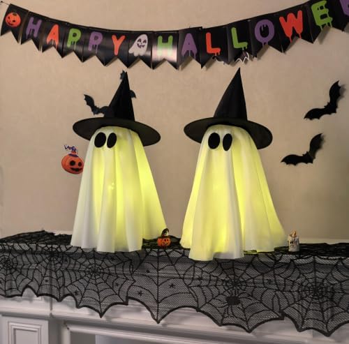 Halloween Decorations Indoor,Set of 2 Light-Up Ghosts Decor with Witch Hats