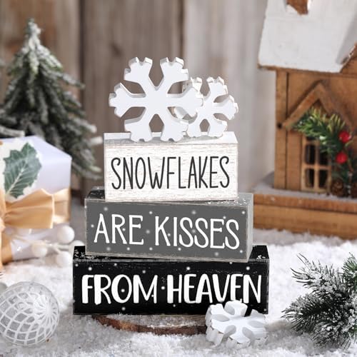 Yousoontic 4 Pcs Winter Snowflakes Figurines Set, Rustic Farmhouse Decor