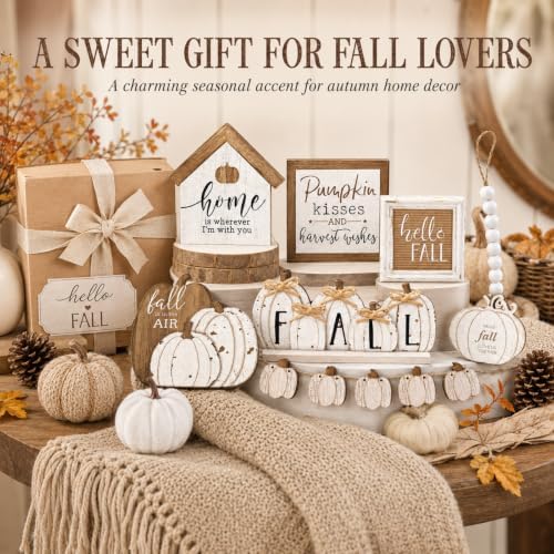 Reallnaive 18 Pcs Fall Thanksgiving Tiered Tray Decor Set Pumpkin Wood Sign Hello Fall Rustic Farmhouse Tray Decoration Tabletop Sign for Autumn Home Kitchen Festival (Neutral)