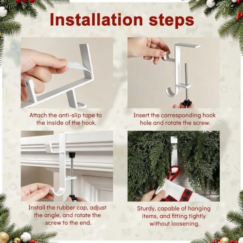 HMASYO 2-in-1 Christmas Garland & Stocking Holders for Mantle, Adjustable Low-Profile Fireplace Hangers with Dual Hooks, Metal Stocking Hooks for Garland, Fits 0.5”-3.4”Mantels (White, Set of 8)