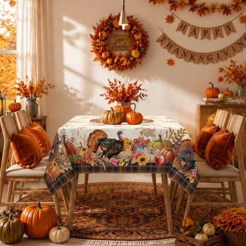 Thanksgiving Tablecloth Square 52x52 Inch, Stain Resistant Machine Washable Fabric Polyester Turkey Harvest Table Cloth Square Thanksgiving Tablecloth Table Cover for Kitchen Dining Party