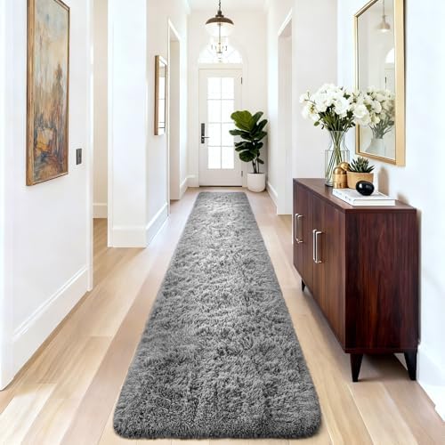 Ophanie 2x10 Runner Rug for Hallway,Upgrade Non-Slip Fluffy Soft Bedside Rugs,Bedroom Living Room Grey Shaggy Gray