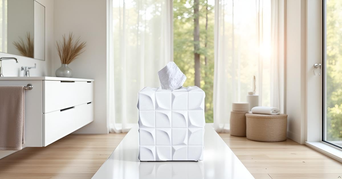 Square Tissue Box Cover Decorative Kleenex Box Holder / White