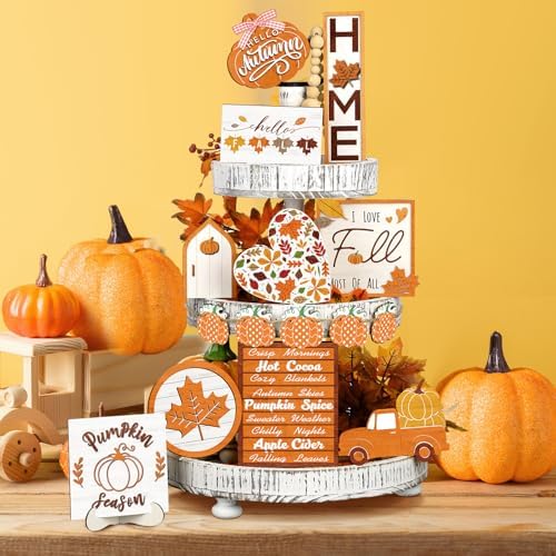 Amyhill 15 Pcs Fall Tiered Tray Decor Set Rustic Autumn Wooden Table Signs