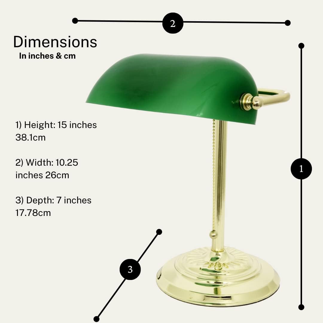 LIGHTACCENTS Traditional Banker’s Desk Lamp with Green Glass Shade and Brass Base – Classic Desk Lamp with Pull Chain
