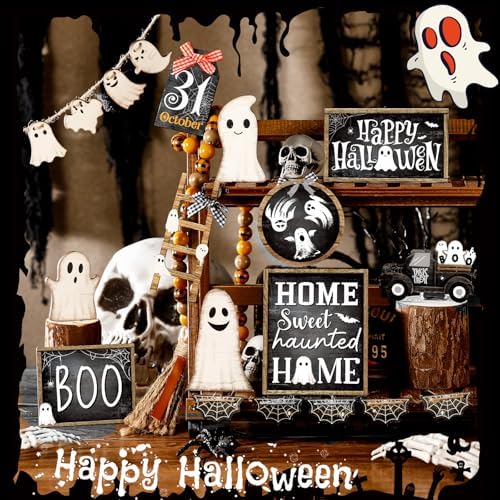 MiniInflat Halloween Tiered Tray Decorations Set, Wood, Ghost, Black White