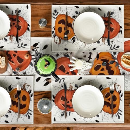 Artoid Mode Pumpkins Spider Web Halloween Placemats Set of 4, 12x18 Inch Fall Holiday Table Mats for Party Kitchen Dining Decoration