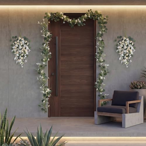Pinkpum 20'' Eucalyptus Wreath 22'' Daisy Teardrop Swags Set 4 for Front Door Fireplace Hanging Porch Wall Home Window