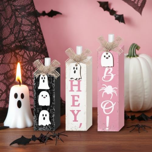 Redbaker 3 Pcs Pink Halloween Table Decor, Pastel Ghost Wood Decor for Home