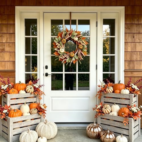 18 Inch Fall Wreath Maple Leaf Pumpkin for Front Door