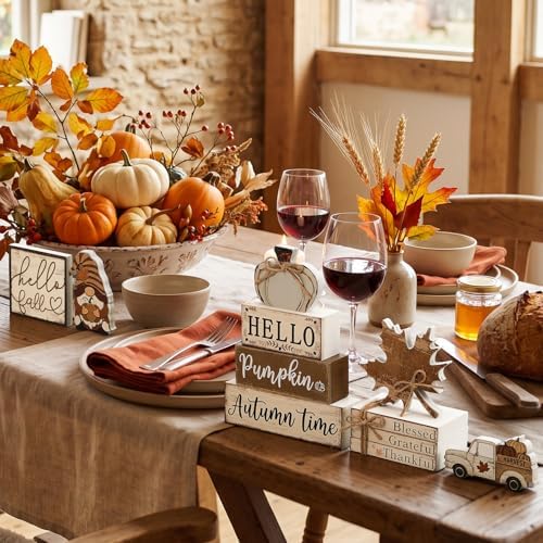 11 Pcs Fall Decorations Set Wooden Pumpkin Maple Leaf and Gnome Signs for Indoor Seasonal Display Cute Rustic Art for Home Cafe Harvest Party Favors and Thoughtful Gift Idea