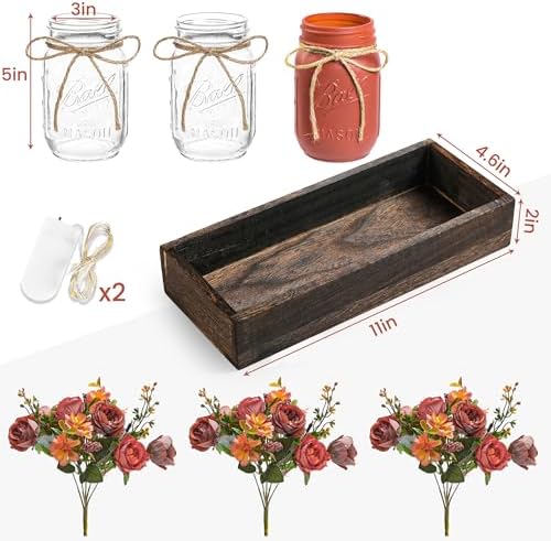 3 Pcs Mason Jar Centerpiece Table Decorations for Dining Table Decor Farmhouse Coffee Table Decor with Wood Tray and