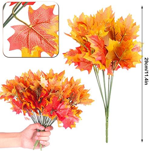 BBTO 6 Pcs Artificial Maple Leaves 7 Branches Fall Stems Decor,Orange