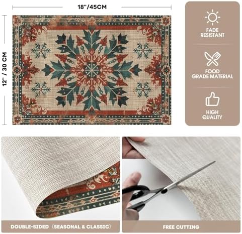 Artoid Mode Snowflakes Ethnic Boho Christmas Placemats Set of 4, Washable Heat Resistant Non-Slip Plastic PVC Place Mats for Farmhouse Holiday Party Dining Decor