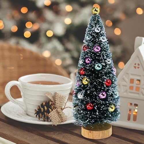 Winlyn 6 Pcs Mini Tabletop Christmas Trees 6.3 Inch Frosted Green Bottle Brush Trees with Wood Bases Small Sisal Trees with White Snow and Ornaments for Winter Christmas Holiday Decor Tiered Display