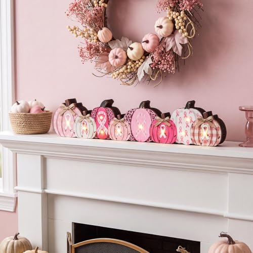 Yousoontic Breast Cancer Awareness Table Decorations, Light up 3D Wooden Pumpkin Table Centerpiece, LED Pink Ribbon Pumpkin Decor, Rustic Farmhouse Sign for Pink October Fall Mantel Desk Home Party