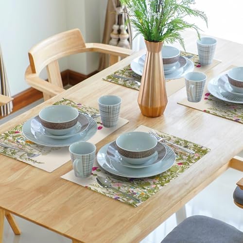 Spring Summer Floral Placemats Set of 6 18x12 Inch Antique Herbs and Wild Flowers Linen Place Mat Heat-Resistant Washable Wipeable Wildflower Table Mat for Party Kitchen Dining Home Decor