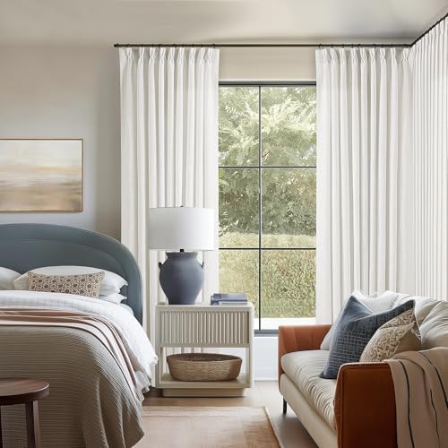 TWODRAPES Beige White Pinch Pleated Linen 92 Inch Curtains 60 Inch Width