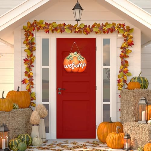 Jetec Fall Door Decor, Wooden Fall Pumpkin Welcome Sign Hanger, Orange