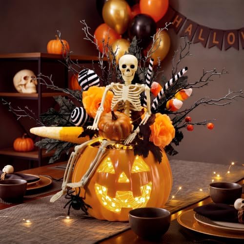 Wiwiqing Halloween Decorations Pumpkin Vase Ornaments with Black and Orange Branch Bow Flower Soil, DIY Spooky Halloween Ghosts Skull Face Pumpkin Vase Crafts, Retro Table Centerpiece Decor