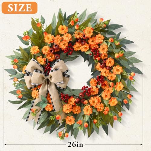 Fall Wreaths for Front Door,26 Inch Wreath for Outdoor Decor(2 Pcs)