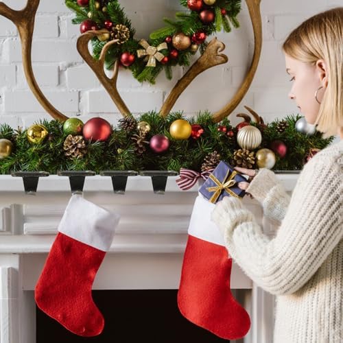 HMASYO Christmas Stocking Holders for Mantle Set of 4, Heavy Duty Cast Iron Stocking Hangers Base, Low Profile Weighted Stocking Holder Hooks for Fireplace Tabletop Shelf Christmas Decoration, Bronze