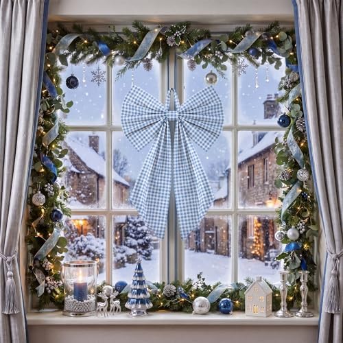 Suncalla 2 Pcs Blue Christmas Gingham Wreath Bows 18'' x 12''