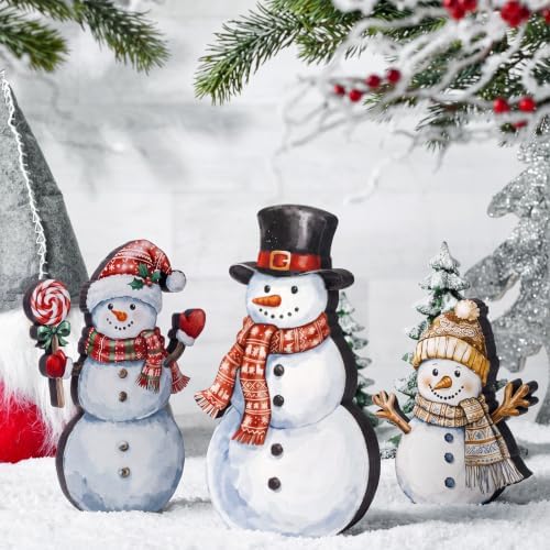 Suzile 3 Pcs Wooden Snowman Figurines, Christmas Tabletop Decor