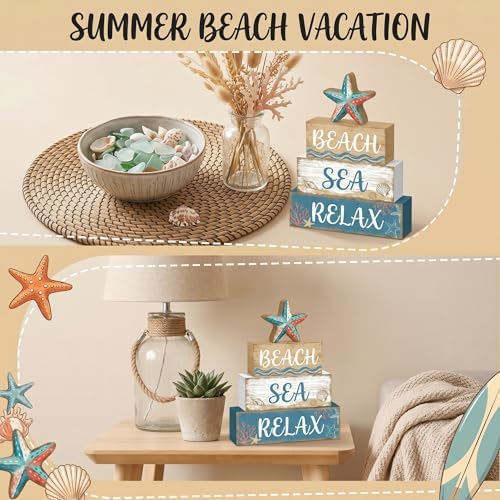 Britimes Tiered Tray Decor Set, 4 Pack, Wooden Table Sign, Ocean Beach