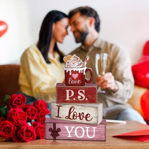 Lineshading 4 Pcs Wooden Block Signs, P.S. I Love You Tiered Tray Decor