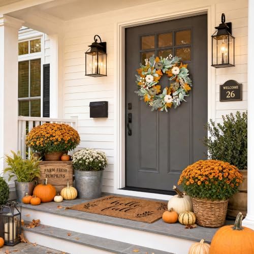 Pinkpum 20" Fall Wreath for Front Door Pumpkin Lambs Ear Wall Decor Autumn