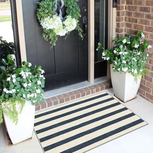Blue and White Striped Outdoor Rug - 2x3 Non-Slip Front Door Mat