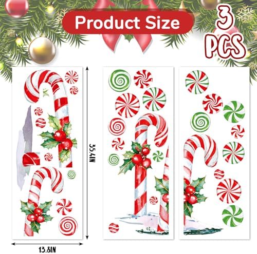 Whaline 13.8 x 35.4'' Extra Large Christmas Window Clings Red Green Candy Cane Holly Berry Window Stickers Double Sided Glass Decals for Winter Xmas Home Classroom Office Party Decoration, 3 Sheets