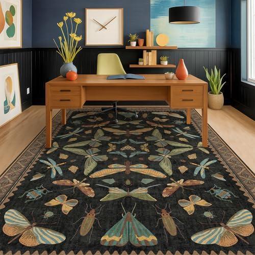 Hazo Haus Living Room Rug Black Boho 6x9 - Dining Room Rugs for Under Table, Bedroom, Insect Bug Eclectic Home Décor