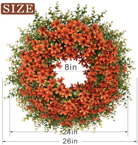 26" Large Artificial Eucalyptus Silk Flower Wreath for Outdoor(Fall Orange)