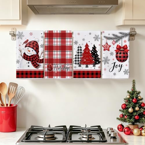 Hexagram Christmas Kitchen Towels, Red Plaid Christmas Hand Towels Set of 4