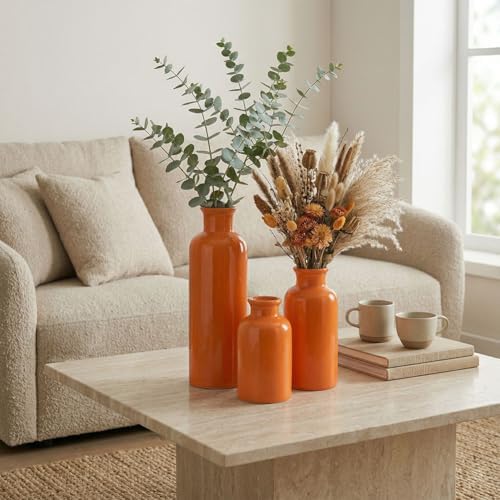 Ceramic Vase Set - 3 Orange Small Vases, Farmhouse Country Flower Vase Home Decor, Living Room Decoration, Table