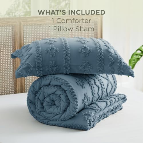 Bedsure Tufted Boho Comforter Set Twin Size - Dusty Blue Boho Bed Set, GentleSoft™ 2 Pieces Farmhouse-Style Embroidery