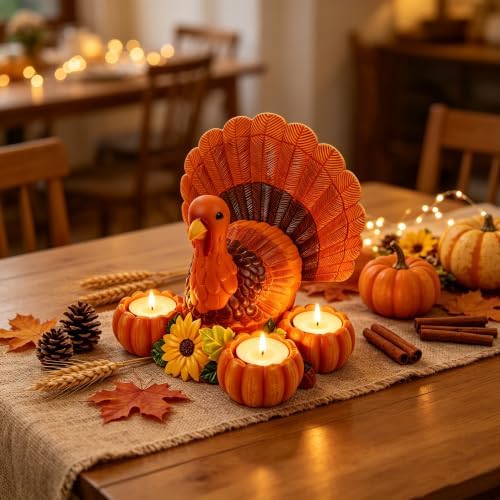 Thanksgiving Turkey Candle Holders, Turkey tealight Ornaments, Autumn Pumpkin Candle Holders, Indoor Thanksgiving Table Decorations, Resin Turkey Candle Holders