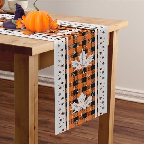 Niviy Maple Leaves Fall Table Runner with Buffalo Plaid, 13 x 108 Inch Seasonal Autumn Thanksgiving Table Decoration for Home Kitchen Dining Outdoor Indoor Holiday Farmhouse Decor