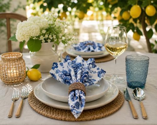 Taran Living Set of 12 Blue Cloth Napkin, Floral Print on 100% Cotton, Absorbent Napkin for Everyday Dining, Guest Dinners, 18X18 inch, Soft and Washable.