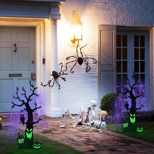 Solar Halloween Yard Decorations, 43 Inch Outdoor LED Solar Powered Haunted Tree Stakes Halloween Outdoor Decorations, Metal Spooky Tree Garden Stakes Lawn Yard Ornament