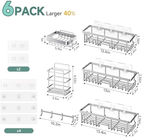 Veken Shower Caddy 6-Pack, Advanced Rustproof Design, No Drilling Adhesive Shelves, Rack with Soap Holder, Large